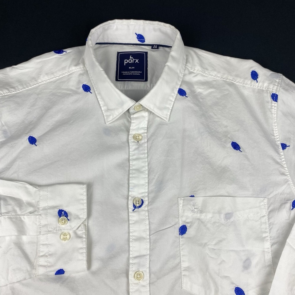 PARX Shirt Mens Large (42 cm) White w/Blue Leaf Embroidery Slim Fit NWT!